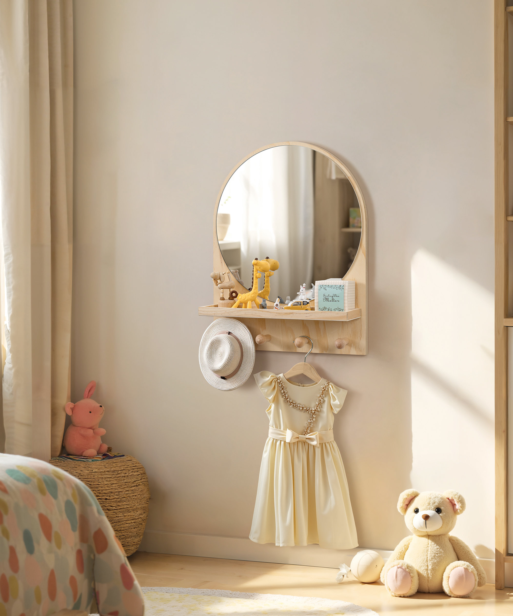 Union Rustic Kids Bathroom Mirror with Shelf, 4 Hooks, Arched Wood Boho Storage Circle Mirrors ...